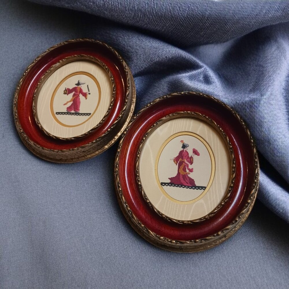 Vintage Petit Point Portrait Set – Circa 1880–1920 – Gesso Oval Frames